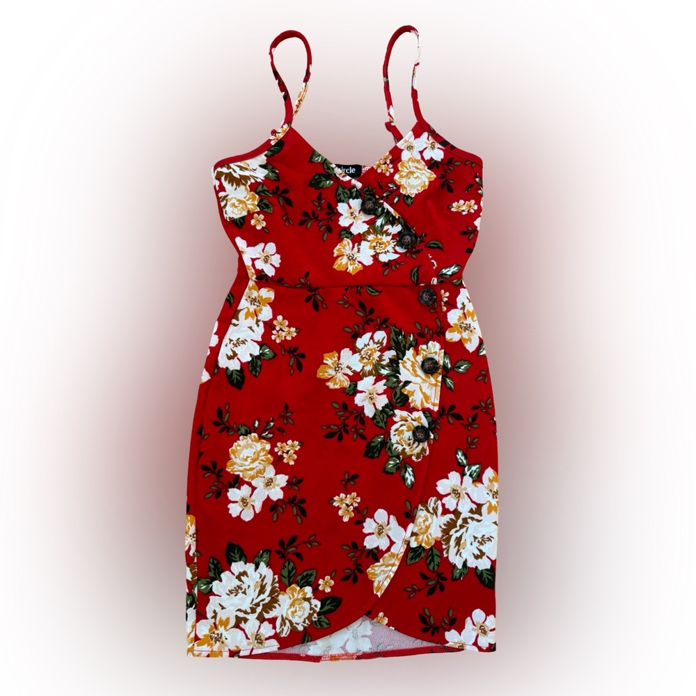 Full Cirlce Trends Red Floral Sleeveless Dress with Buttons